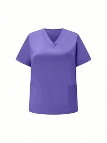 Plus Size Màu Trơn Đơn Giản Hàng Ngày Áo Sơ Mi Tay Ngắn Và Quần Dài Đồng Phục, Bộ Tẩy Tế Bào Chết Cho Nữ - Màu tím - Xem 8