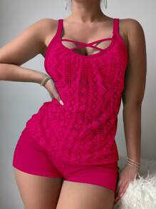 SHEIN Swim Tankini dây mảnh màu hồng nóng bỏng phong cách nghỉ dưỡng cho nữ kèm quần bơi mùa hè - Màu Hồng Tươi - Xem 1