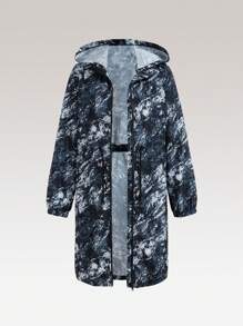 SHEIN Teen Girls' Fashionable Mid-Length Printed Cardigan Trench Coat Black Outerwear For Sun Protection