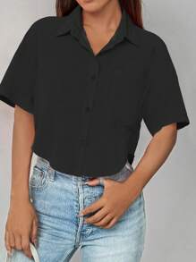 SHEIN LUNE Ladies' Solid Color Simple Everyday Short Casual Black Shirt,Short Sleeve Tops - Black - View 3