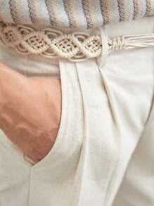 Manfinity VCAY Linen Men's Woven Leisure Long Straight Pants, Mid-Waist, Summer, Suitable For Daily Wear - Apricot - View 1