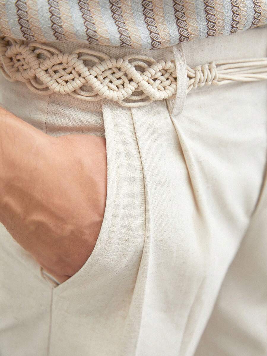 Manfinity VCAY Linen Men's Woven Leisure Long Straight Pants, Mid-Waist, Summer, Suitable For Daily Wear - Apricot - View 1