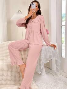 SHEIN Size-Coded Women's Plain Simple Long Sleeve Top & Long Pants Pajama Set For Daily Wear, Fall Winter Clothes - Dusty Pink - View 5