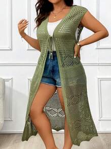 Calvaya Plus Tie Front Knitwear Sleeveless Cardigan - Green - View 5