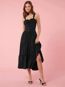 Enchnt Vestido largo recogido con escote cuadrado y estilo rural romántico