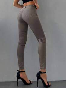 SHEIN Cottnline Vaqueros Ajustados Informales De Color Liso - Caqui - Ver 2