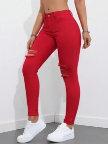 SHEIN ICON Women's Ripped Edges Skinny Jeans With Frayed Hem Skinny Cropped Red Cotton Curvy Skinny Women Jeans,Spring/Fall,Casual Daily Wear Y2k - Red - View 5