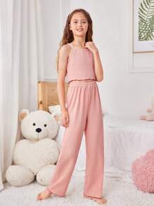 3pcs Girls Pajama Set: Loose Long Sleeve Robe, Cami Top & Wide Leg Pants, Pink - Pink - View 3