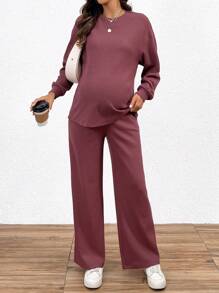 SHEIN 孕婦2入組圓領寬鬆長袖上衣和束繩時尚直筒舒適褲 - 紅色 - 查看 4