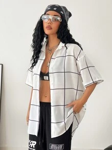 SHEIN EZwear 格紋燕脂短袖蝙蝠袖襯衫，多功能搭配並具備防曬功能 - 白色 - 查看 6
