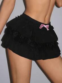 EgrlEra 女士纯色简约日常穿搭裙子搭配撞色蝴蝶结装饰 Y2K 服装迷你短款女装 - 黑色 - 查看 5