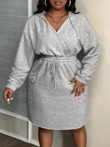 Slaydiva Plus Size Casual Street Style Drop Shoulder Hooded Bodycon Dress With Elastic Waist And Workwear Pockets, Long Sleeve - C - Grey - View 3