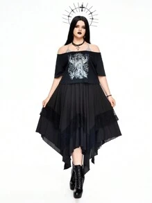 ROMWE Goth Camiseta diaria simple impresa de hombros abiertos para mujeres de talla grande - Negro - Ver 5