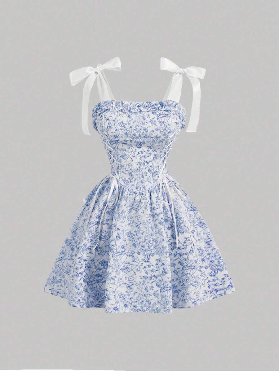 SHEIN MOD Damen rosafarben Blumen Muster gegürtet Vintage Hof ausgestelltes Skaterkleid, rosafarbenes Kurzkleid, Abschlussballkleid - Blau - Übersicht 1