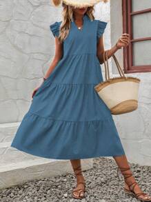 SHEIN LUNE Solid Color Sleeveless Dress With Notched V-Neckline And Ruffle Hem