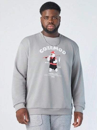Manfinity VCAY Manfinity Cozemod Men's Plus Size Knit Outdoor Bear Pattern Towel Embroidery Drop Shoulder Round Neck Pullover Sweatshirt, Suitable For Daily Wear, Long Sleeve Cute Graphic Going Out Sweatshirt, For Fall Winter