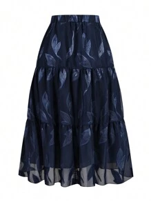 Modelyn 大码印花半身裙，休闲度假风，适合约会、派对、海滩、假日、婚礼、鸡尾酒会、日常休闲等场合。完美适用于春夏秋三季。 - 藏蓝色 - 查看 2