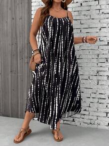 SHEIN VCAY Plus Size Tree Pattern Spaghetti Strap Backless Vacation Style Loose & Comfortable Dress,Beach Dress Sundress,Holiday Outfits Boho