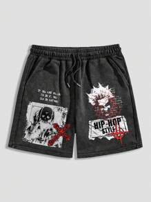 ROMWE MEN Street Life Quần short họa tiết chữ cho nam, thích hợp mặc hàng ngày vào mùa xuân và mùa hè, đi học - màu đen - Xem 1