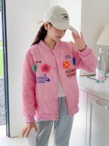 Tween Girls Nút phía trước 3D Hoa trang trí in chữ Áo khoác đệm có túi - Màu Hồng baby - Xem 1