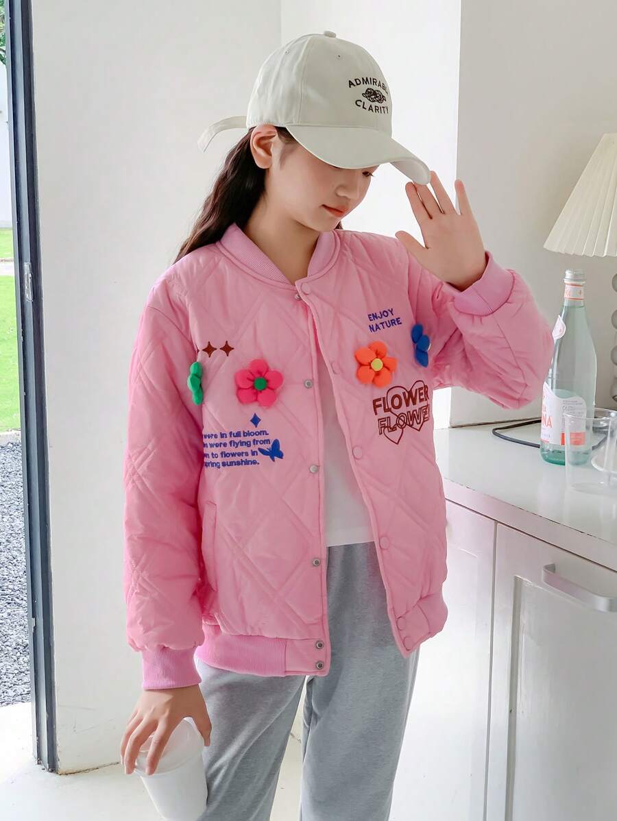 Tween Girls Nút phía trước 3D Hoa trang trí in chữ Áo khoác đệm có túi - Màu Hồng baby - Xem 1