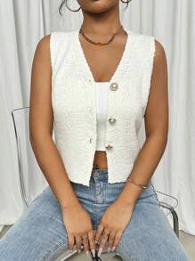 Elenzga Chaleco de suéter de punto sin mangas de cuello en V profundo y ajustado de moda para mujer, llegada nueva en 2024