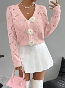 Chiquease 女士常规版型 3D 立体花朵粉色开衫套装可爱开衫女童