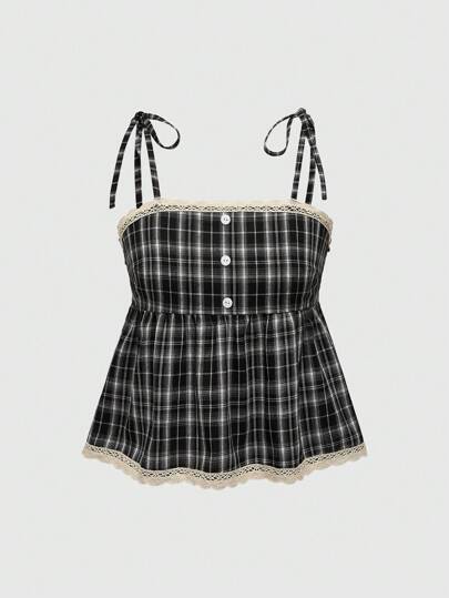 Academia ملابس علوية كاميسول مبطنة بالدانتيل مع تفاصيل أزرار موديل كاجوال كاروهات نسائي ، للمدرسة