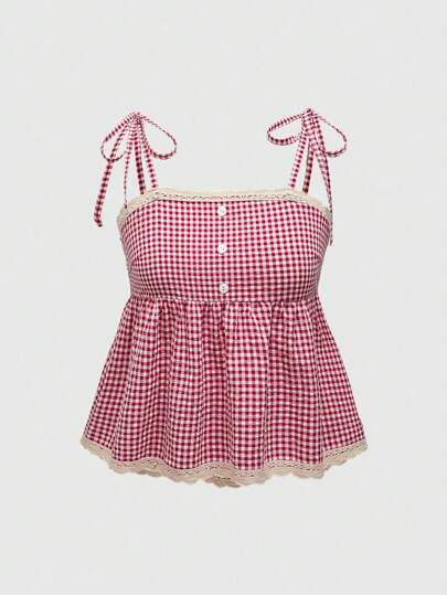 Academia Vintage Plaid Camisole Top For Women - Retro Button Front, Spaghetti Straps, Lace Trim, Tie-Up Belt, School