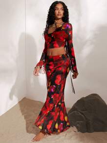 SHEIN VCAY Women's Vacation Tie Dye Printed Two-Piece Outfit With Draped Neck, Fish Tail Skirt - Multicolor - View 3