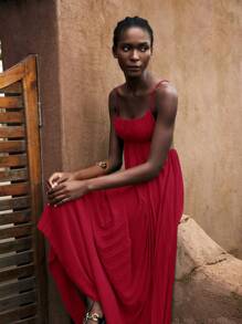 Maija Women's Burgundy Summer Vacation Dress, Minimalist Sleeveless Pleated Beach Dress For Warm Weather - Red - View 5