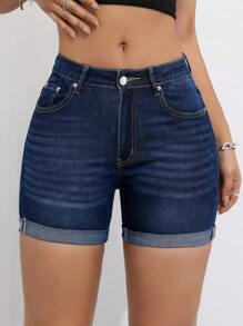 SHEIN Tall Quần short denim nữ dáng suông có gấu và túi - Màu xanh hải quân - Xem 1
