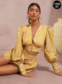 SHEIN Unity Marble Gigot Sleeve Top & Shorts Two Pieces Set