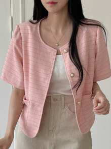 DAZY 女士假珍珠裝飾的鈕扣短袖口袋外套，休閒日常穿著 - 粉色 - 查看 8