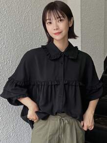 FRIFUL Women's Solid Color Front Buttoned Loose Fit Shirt With Flounced Hem, Perfect For Daily Casual Wear,Ruffle Long Sleeve Top - Black - View 6