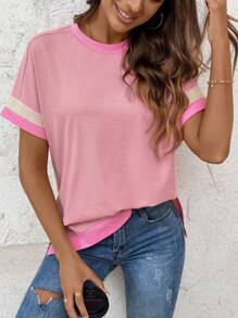 SHEIN LUNE Áo thun nữ chuyển tiếp mùa hè sang mùa thu họa tiết màu hồng phong cách đường phố thông thường - Hồng - Xem 1