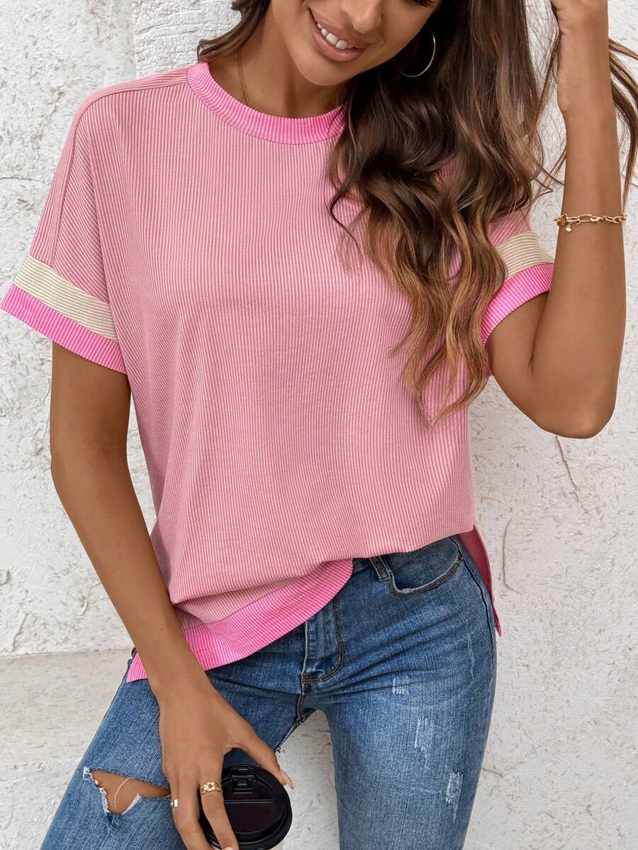 SHEIN LUNE Áo thun nữ chuyển tiếp mùa hè sang mùa thu họa tiết màu hồng phong cách đường phố thông thường - Hồng - Xem 1