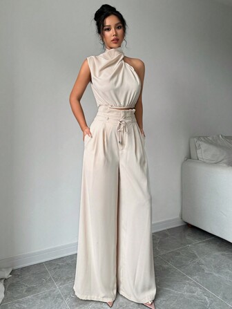 Firerie 女式杏色优雅通勤叠领上衣阔腿裤两件套,教师服,轻盈舒适裤子两件套,不对称无袖上衣两件套,适合春夏秋季,宽松裤子两件套,设计师两件套,演唱会女装,优雅晚礼服,适合日常,派对,返校季,婚礼季,演出服装