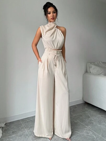 Firerie Conjunto de dos piezas para mujer con top de cuello apilado elegante color albaricoque y pantalones de pierna ancha, ropa de maestra, pantalones ligeros y cómodos, conjunto de dos piezas con top sin mangas asimétrico, adecuado para primavera, verano y otoño, conjunto de dos piezas con pantalones holgados, conjunto de dos piezas de diseñador, atuendo para mujeres para conciertos, vestido de noche elegante, adecuado para uso diario, fiestas, temporada de graduación, temporada de bodas, disfraces para actuaciones