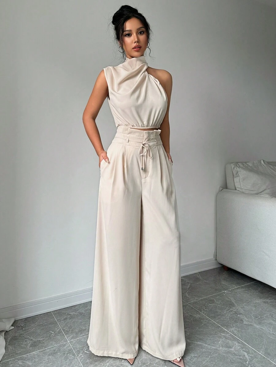 Firerie Conjunto de dos piezas para mujer con top de cuello apilado elegante color albaricoque y pantalones de pierna ancha, ropa de maestra, pantalones ligeros y cómodos, conjunto de dos piezas con top sin mangas asimétrico, adecuado para primavera, verano y otoño, conjunto de dos piezas con pantalones holgados, conjunto de dos piezas de diseñador, atuendo para mujeres para conciertos, vestido de noche elegante, adecuado para uso diario, fiestas, temporada de graduación, temporada de bodas, disfraces para actuaciones - Caqui - Ver 1