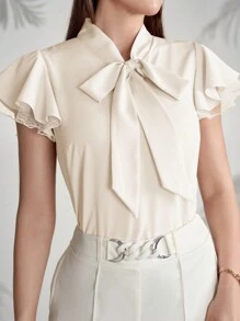 Modelyn Ladies' Solid Color Ribbon Collar Elegant Mesh Splice Chiffon Blouse - Apricot - View 3