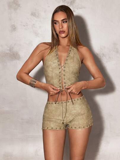 SHEIN BAE Camiseta sin mangas de verano para vacaciones de mujer con cuello de corbata y anilla metálica