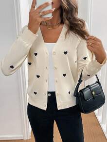 SHEIN Frenchy 女士休闲心形印花开衫 - 杏色 - 查看 3