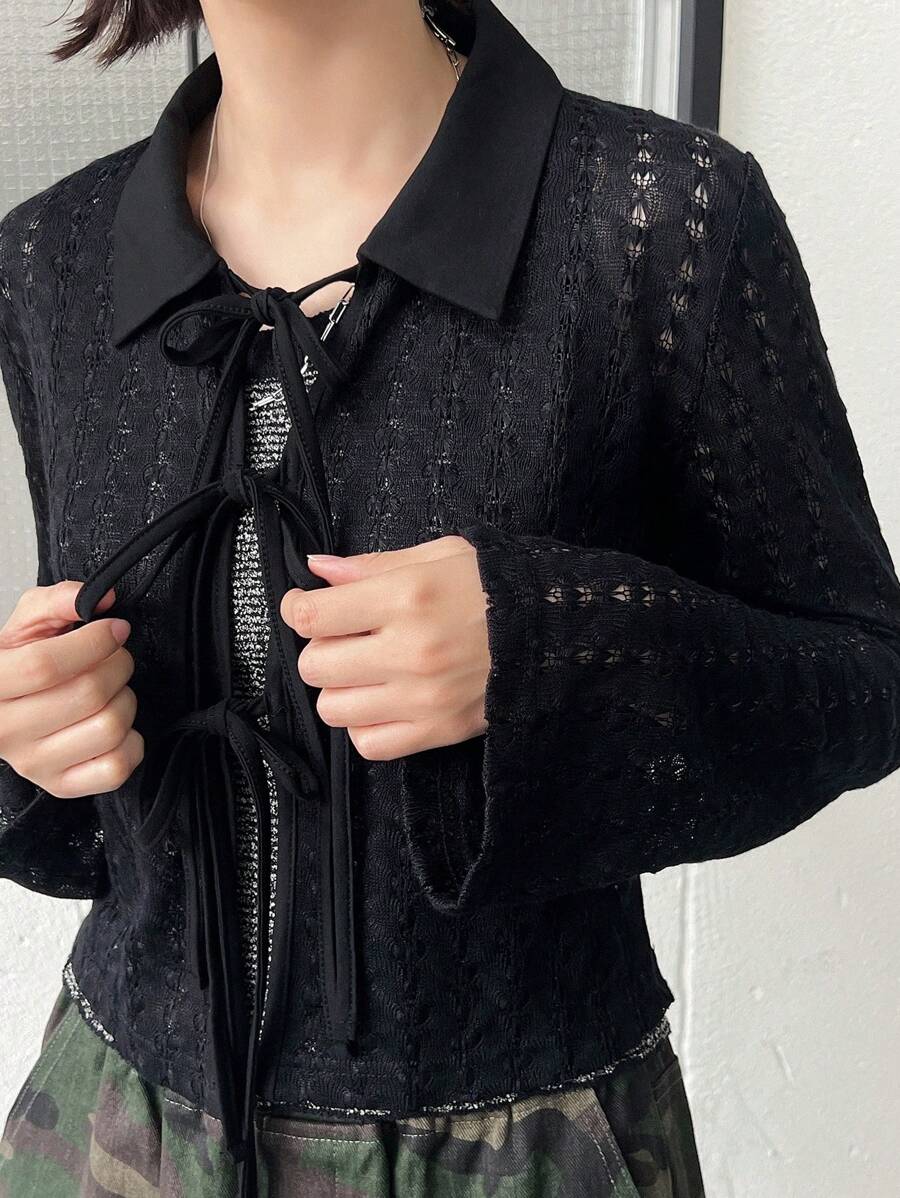 FRIFUL ملابس علوية نسائية بلون سادة للارتداء اليومي البسيط، بتصميم مفرغ، أكمام طويلة شفافة