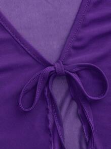 SHEIN ICON 女款鬆身舒適綠色腰帶長袖網紗上衣，V領設計 - 紫色 - 查看 4