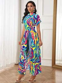 VaVaBold Áo sơ mi nữ dài in hình học nhiều màu sắc - Màu vàng - Xem 6