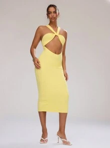 MUSERA 性感可爱春夏派对外出度假风中长连衣裙，前襟扭结设计，性感迷人，适合春夏派对、外出和度假。 - 黃色 - 查看 1