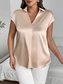 SHEIN Privé Áo sơ mi tay ngắn trơn đơn giản, thoải mái cỡ lớn dành cho nữ, có cổ bẻ và tay áo có vạt màu hoa mai - Màu be - Xem 12