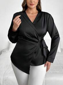 SHEIN Privé Große Größen schwarze Lässig Wickel Krawatte geraffte Einfarbige Bluse mit gekrümmtem Saum und Langarm, bequem und elegant, geeignet für Frühling und Herbst