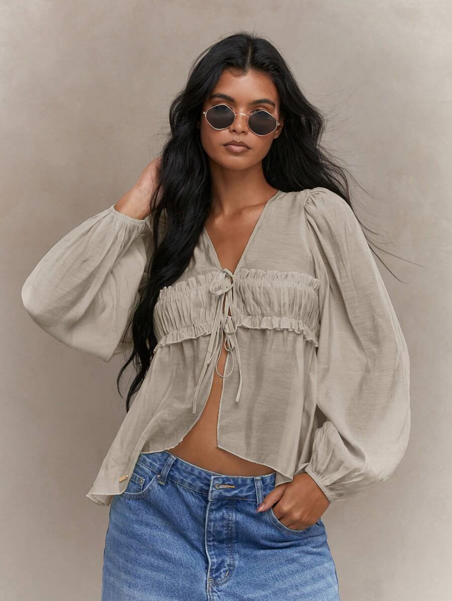 MISSGUIDED Sheer Ruched Bust Balloon Sleeves Shirt Blouse - Grey - View 1